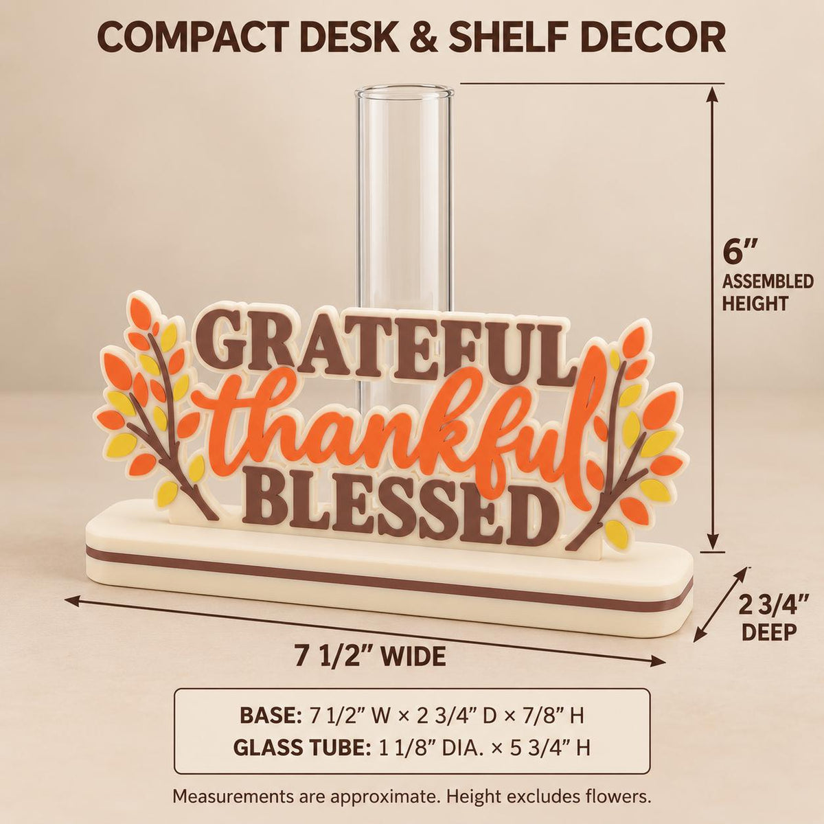 Fall Decor Bud Vase: Grateful Thankful Blessed Sign, Interchangeable Thanksgiving Decor for Desk, Shelf or Mantel