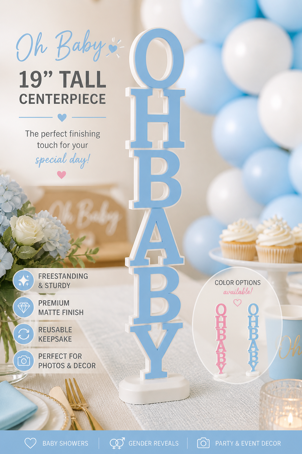 Oh Baby Centerpiece | Baby Shower Centerpiece Decor | 19 Inch Table Centerpiece | Gender Reveal Decoration | Oh Baby Sign