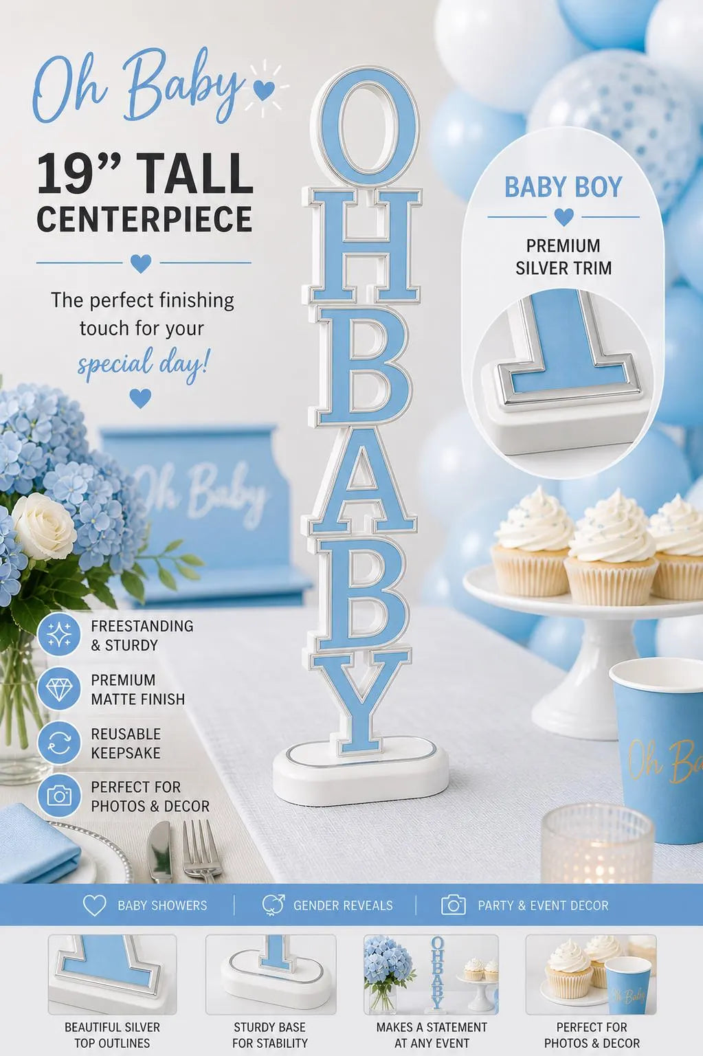 Oh Baby Centerpiece | Baby Shower Centerpiece Decor | 19 Inch Table Centerpiece | Gender Reveal Decoration | Oh Baby Sign