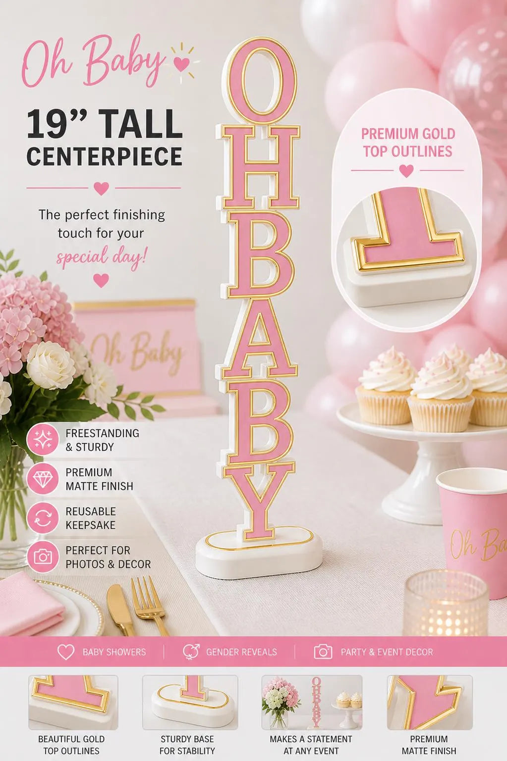 Oh Baby Centerpiece | Baby Shower Centerpiece Decor | 19 Inch Table Centerpiece | Gender Reveal Decoration | Oh Baby Sign