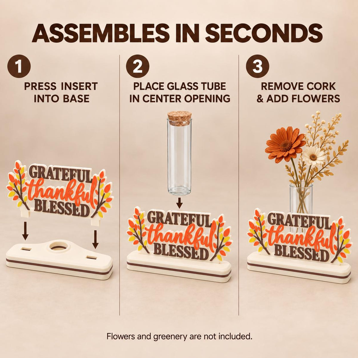 Fall Decor Bud Vase: Grateful Thankful Blessed Sign, Interchangeable Thanksgiving Decor for Desk, Shelf or Mantel