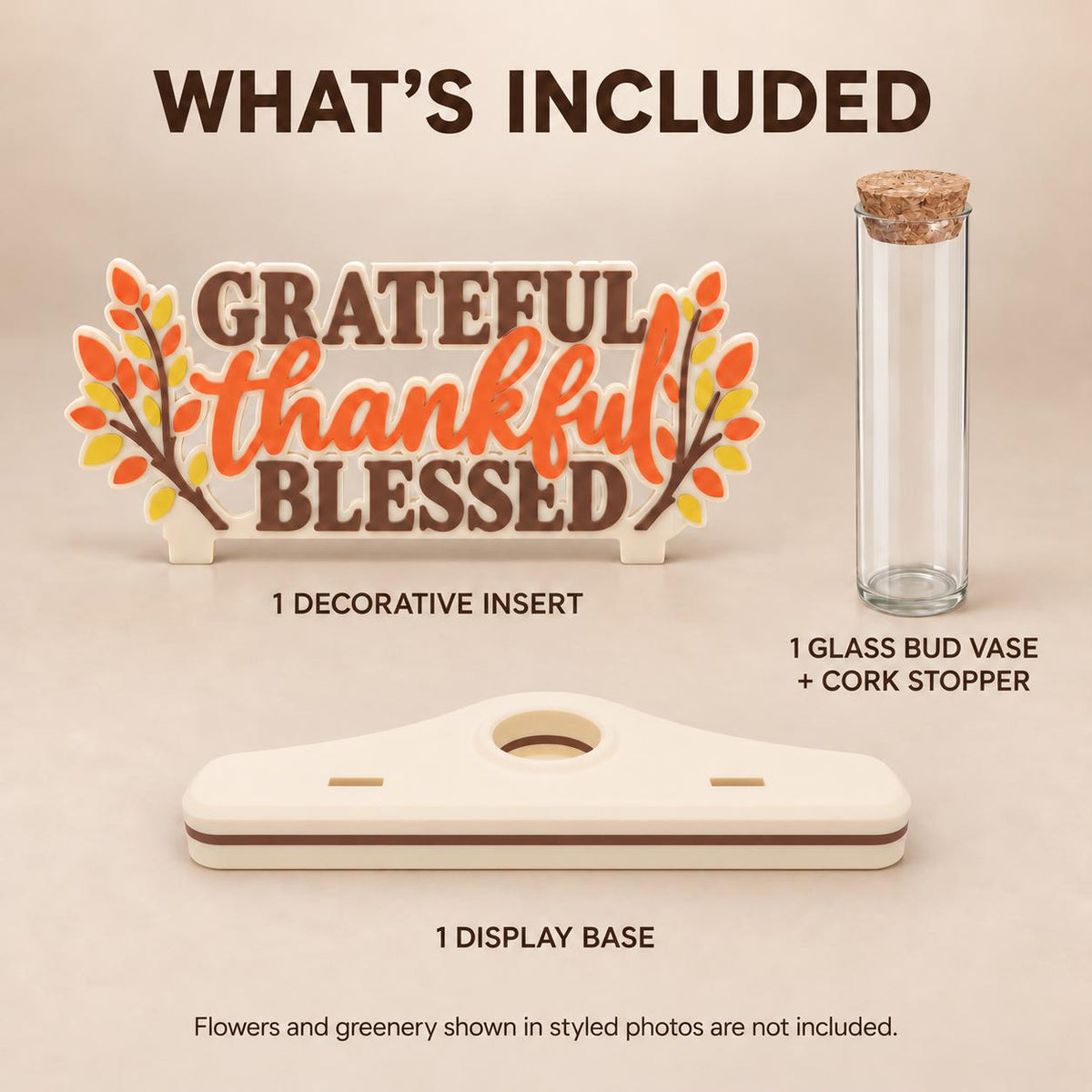 Fall Decor Bud Vase: Grateful Thankful Blessed Sign, Interchangeable Thanksgiving Decor for Desk, Shelf or Mantel