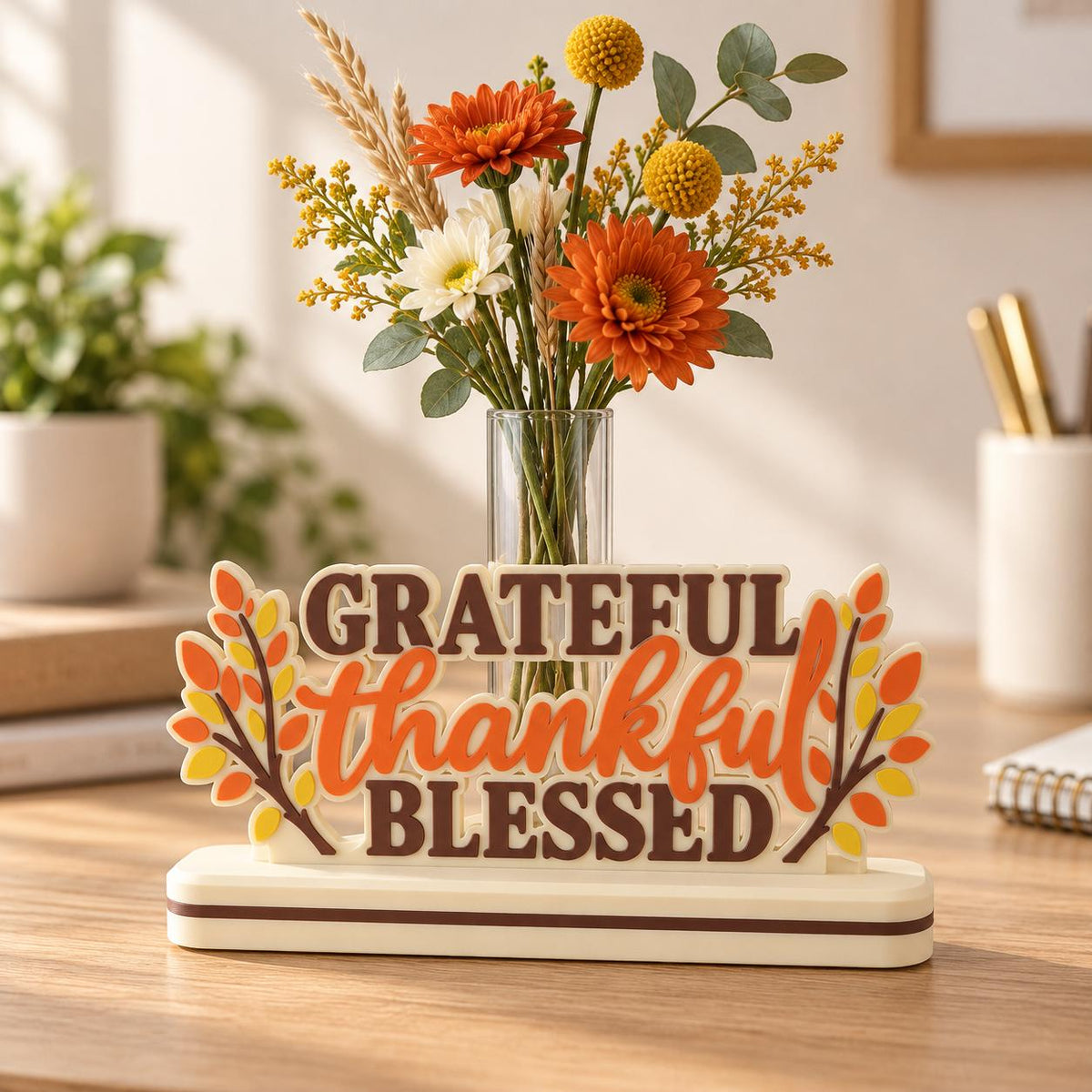 Fall Decor Bud Vase: Grateful Thankful Blessed Sign, Interchangeable Thanksgiving Decor for Desk, Shelf or Mantel