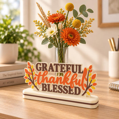Fall Decor Bud Vase: Grateful Thankful Blessed Sign, Interchangeable Thanksgiving Decor for Desk, Shelf or Mantel
